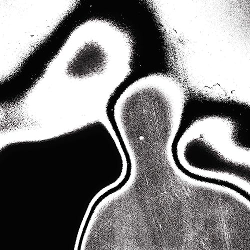 Black and white abstract vinyl record cover with swirling patterns.