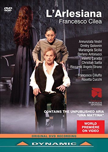DVD cover for Cilea’s “L’Arlesiana” opera featuring three performers.