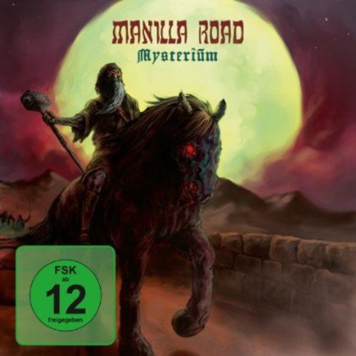 Fantasy album cover: hooded figure on a demonic horse before a moon.