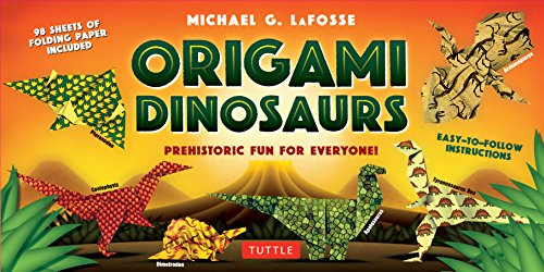 Origami Dinosaurs kit cover with folded paper dinosaur models and instructions.