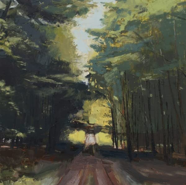 Impressionistic painting of a person standing on a path in a forest.