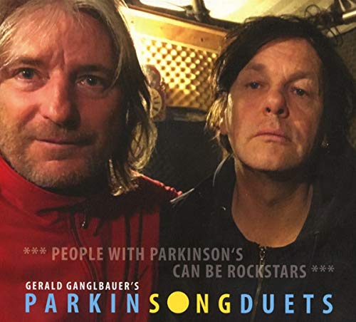 CD cover featuring two men with Parkinson’s, text reads “Parkinsong Duets”.