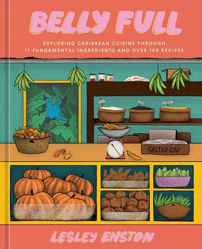 Cookbook cover with illustrated market scene and title “Belly Full”.