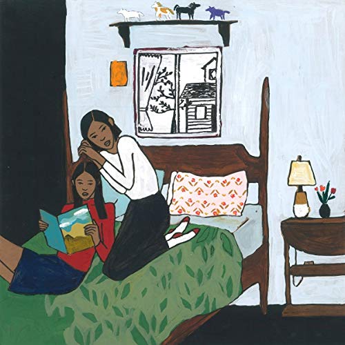Painting of two women with a book in a bedroom scene.