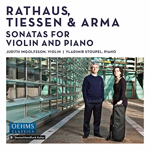 CD cover featuring a man and woman with a violin case, architectural background.