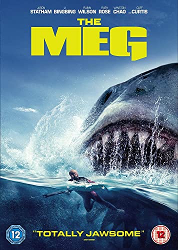 A giant shark emerges from the ocean behind a diver on The Meg DVD cover.