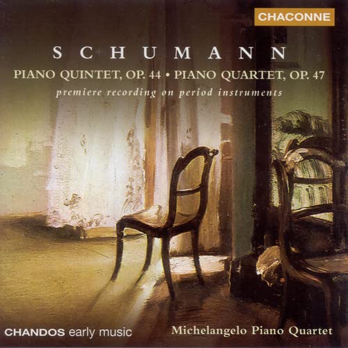 CD cover for Schumann piano quintet and quartet recordings, featuring chairs.