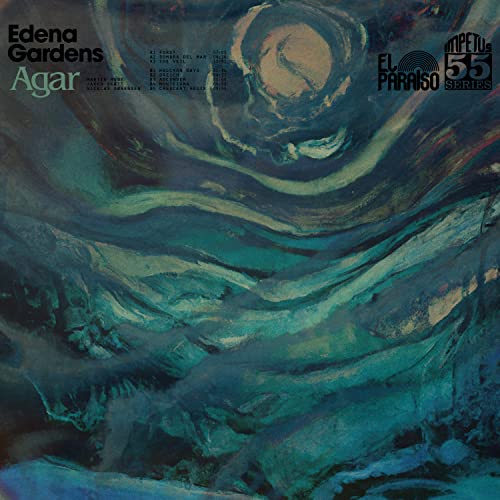 Vinyl record cover for Edena Gardens’ “Agar” with abstract blue and brown art.