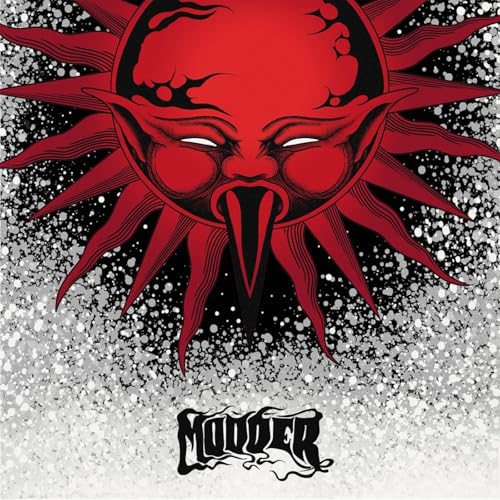 Red and black stylized face with spiky rays on a speckled background.