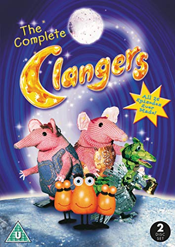 The Clangers" DVD cover featuring pink, furry characters and a moon.