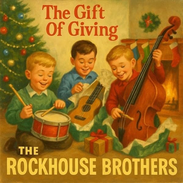 Vintage-style CD cover with boys playing music by a Christmas tree.