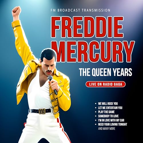 Freddie Mercury in a yellow jacket singing into a microphone, album cover.