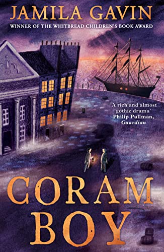 Book cover for "Coram Boy" depicting a house, ship, and two figures.