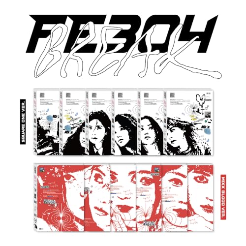 Nmixx āFe3O4: Breakā album covers in red and white, featuring faces.