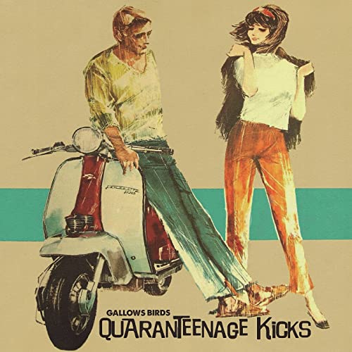 Vintage-style illustration of a couple with a red scooter, album cover.