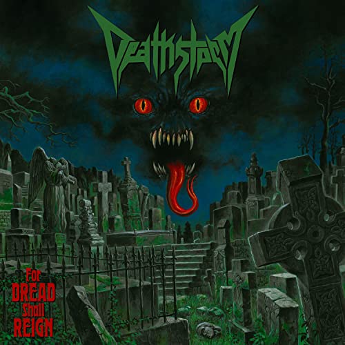 Dark album cover featuring a demonic face over a graveyard scene.