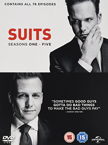 DVD cover for Suits seasons one through five featuring portraits of two men.