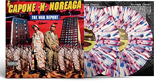 Capone-N-Noreaga’s “War Report” vinyl record with red and blue splatter effect.