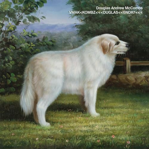 Painting of a white dog standing in a grassy field with trees.