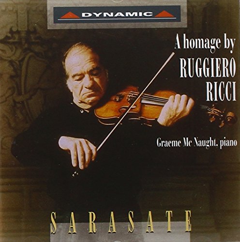 Ruggiero Ricci playing violin, CD cover for Sarasate homage recording.