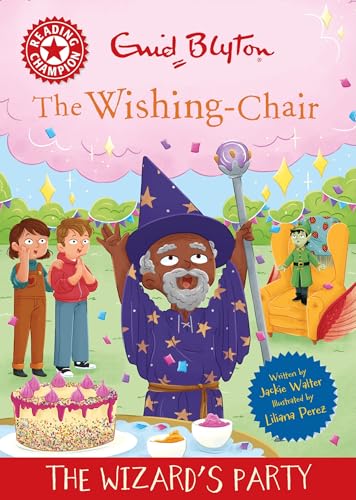 Book cover: children, a wizard, and a party with cake and decorations.