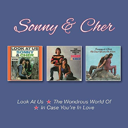 Three album covers of Sonny and Cher on a blue background with pink text.