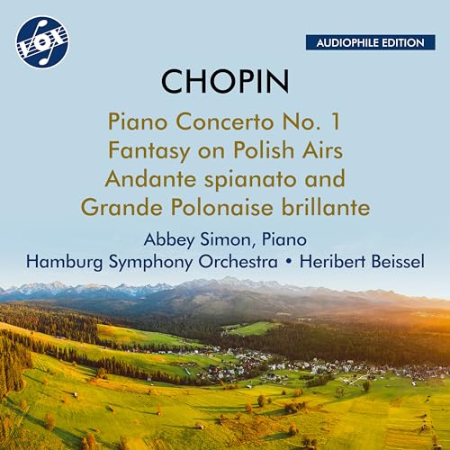 Chopin CD cover with mountain landscape, text listing musical pieces and performers.