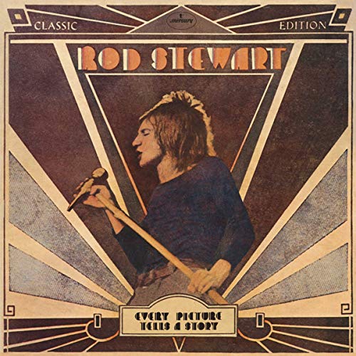 Rod Stewart album cover, "Every Picture Tells A Story", art deco style.