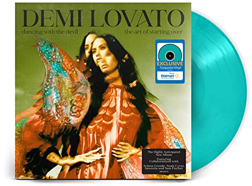 Demi Lovato album cover and turquoise vinyl record shown at angle.