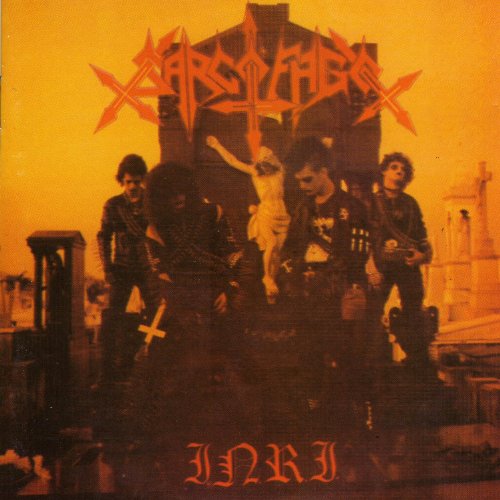 Sarcofago “Inri” CD cover: band with crucifixion imagery, orange background.