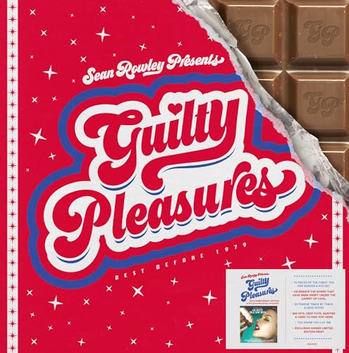 Red CD cover with “Guilty Pleasures” text, a torn signature, and sticker.