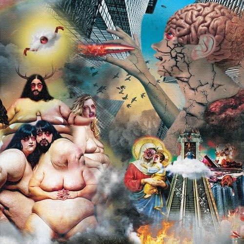 Surreal collage with figures, distorted faces, and symbolic imagery.