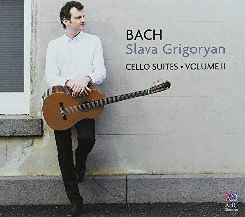 Slava Grigoryan with a classical guitar, album cover for Bach’s Cello Suites.