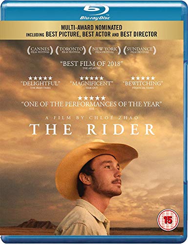 Blu-ray cover for "The Rider" featuring a cowboy looking upwards.