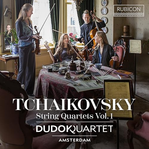 Dudok Quartet Amsterdam album cover featuring four musicians with instruments.