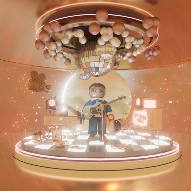 Cartoon band playing under a disco ball and colorful, stylized room.