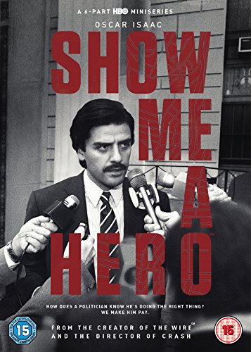 DVD cover for "Show Me A Hero" featuring Oscar Isaac surrounded by microphones.
