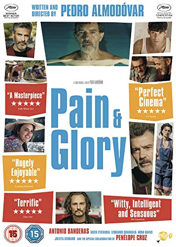 DVD cover for "Pain and Glory" featuring Antonio Banderas in multiple scenes.