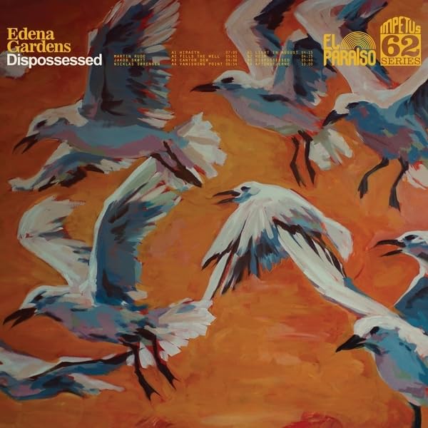 Vinyl record cover: painted birds in flight over orange water.