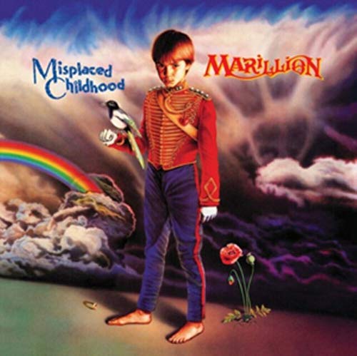 Album cover: boy in red coat with raven, rainbow, and clouds.