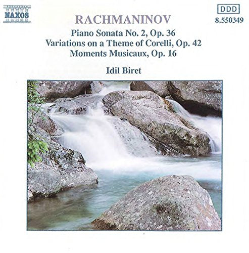 CD cover featuring a waterfall landscape and text: Rachmaninov, Idil Biret.