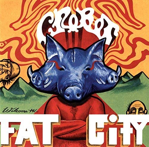 AlbumHolographic blue three-headed pig head against a swirling orange and yellow background.