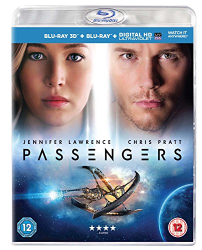 Passengers" Blu-ray cover featuring Jennifer Lawrence and Chris Pratt, spaceship image.