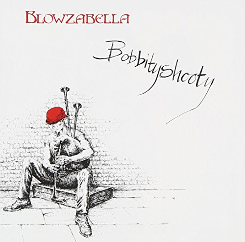 Sketch of a bagpiper sitting on a crate, album cover art.
