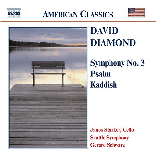 CD cover with a lakeside scene, bench, and text listing composers/performers.