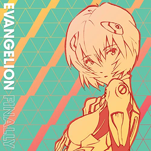 Rei Ayanami from Evangelion on a teal and orange geometric patterned background.