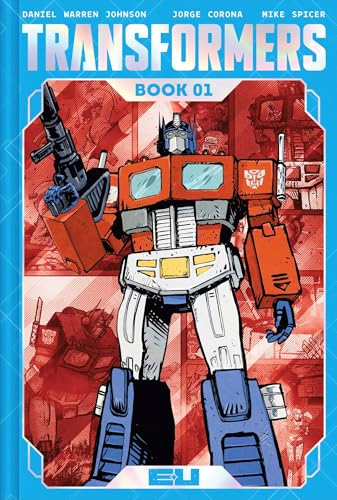 Optimus Prime stands prominently on a comic book cover with a red background.