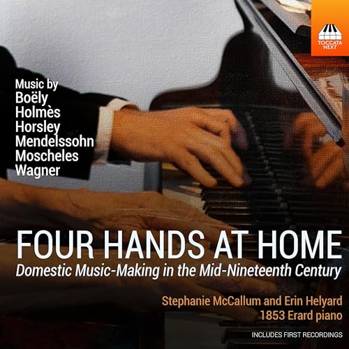 CD cover: hands playing a vintage piano, text “Four Hands at Home.”