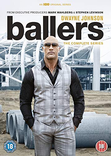 Ballers" DVD cover featuring Dwayne Johnson in a suit, stadium background.