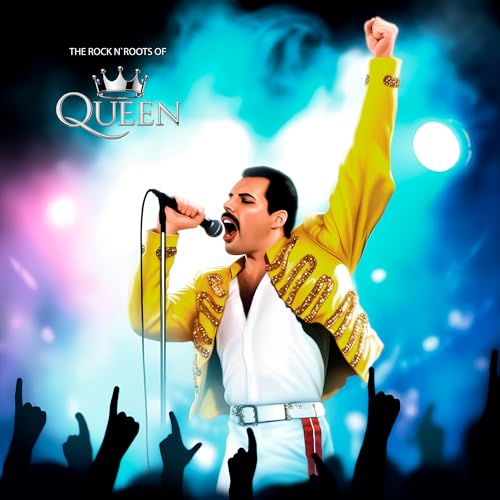 Freddie Mercury performing with a microphone, crowd with raised hands.